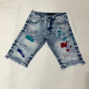 🩳Decibel Men’s Red, White, Turquoise Green Paint Splatter Destructed Denim 🩳